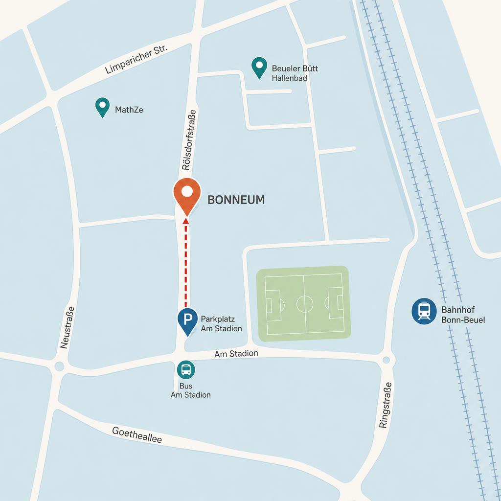 Karte mit Standort BONNEUM (Rölsdorfstraße 20) und Parkmöglichkeit Am Stadion 7-1 in Bonn-Beuel